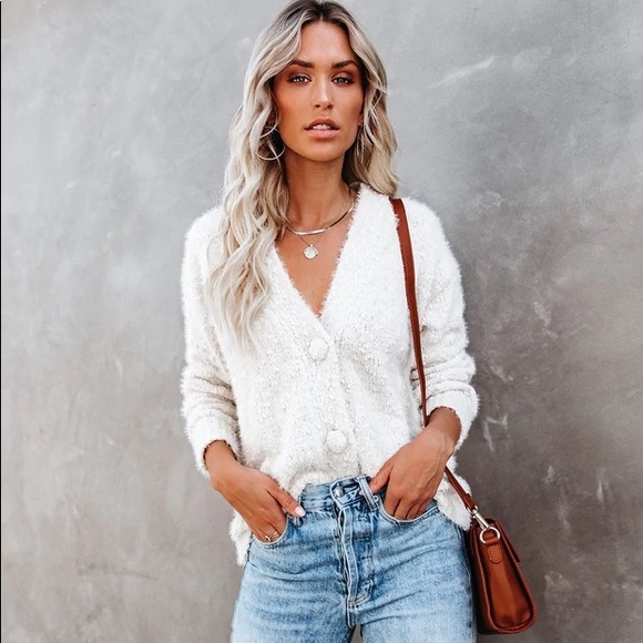 Fuzzy knit cardigan, Small, white/cream - Picture 2 of 6